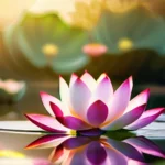 A beautiful, open lotus flower floating on a serene, clear pond with a golden Buddha statue in the background. - lotus flower buddhism