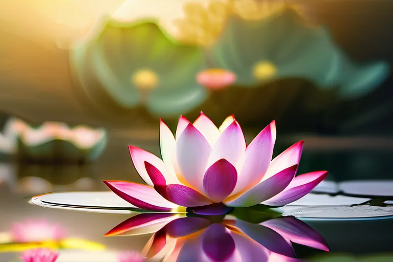 A beautiful, open lotus flower floating on a serene, clear pond with a golden Buddha statue in the background. - lotus flower buddhism