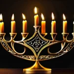 A beautifully crafted gold menorah with six candles lit against a dark background. - menorah significance