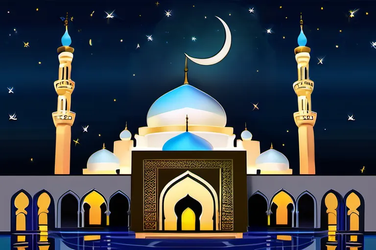 A serene mosque at night with a crescent moon and stars in the sky, symbolizing the Night of Power. - Night of Power, Laylat al-Qadr, Islam