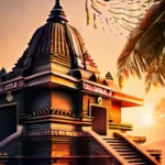 A serene image of a Hindu temple at sunrise with the Om symbol prominently displayed. - Om symbol, Hinduism, spirituality, sacred syllable