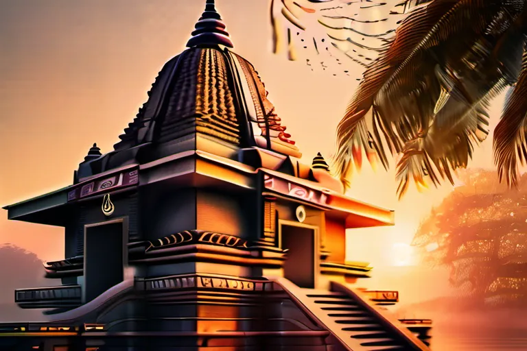 A serene image of a Hindu temple at sunrise with the Om symbol prominently displayed. - Om symbol, Hinduism, spirituality, sacred syllable