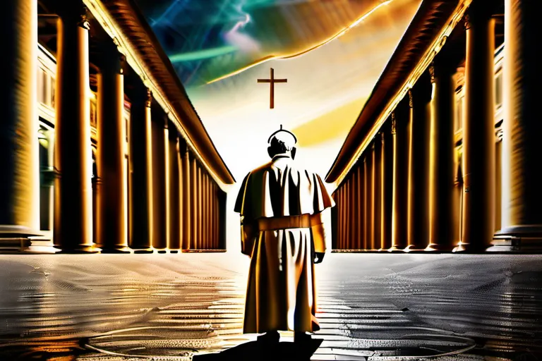 A striking image of the Vatican City with a prominent figure standing in the foreground, symbolizing the Pope's role as the spiritual leader of Catholicism. - Pope in Catholicism