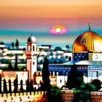 A panoramic view of the Dome of the Rock and Al-Aqsa Mosque on the Temple Mount at sunset - Temple Mount