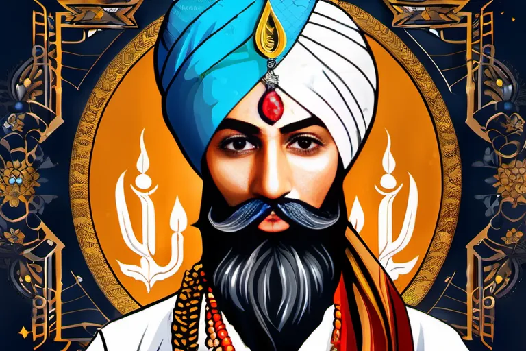 A beautifully illustrated image depicting a Sikh wearing a turban, surrounded by traditional symbols of Sikhism like the Khanda and Nishan Sahib - Sikh Turban Symbolism