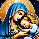 A serene image of the Virgin Mary holding baby Jesus, surrounded by stars and a halo. - Virgin Mary significance