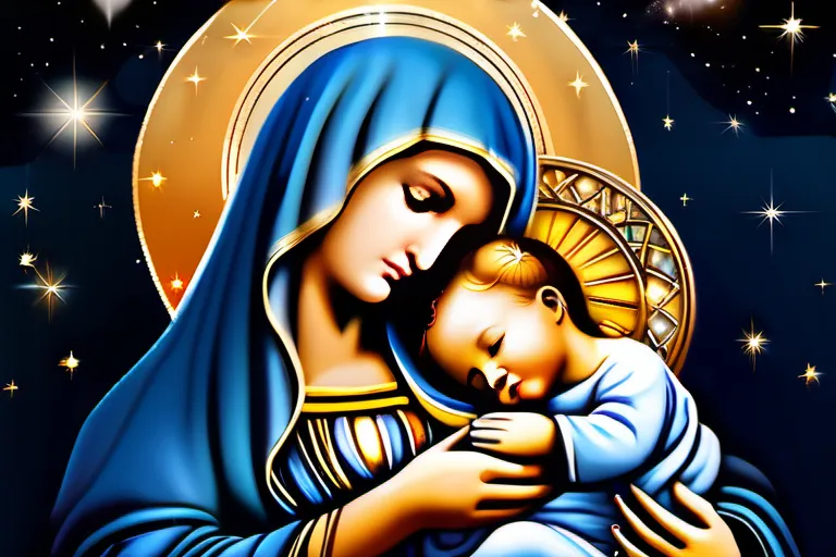 A serene image of the Virgin Mary holding baby Jesus, surrounded by stars and a halo. - Virgin Mary significance