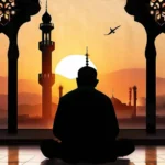 A serene mosque at sunset with a silhouette of the Prophet Muhammad (PBUH) standing in the foreground. - Sunnah in Islam