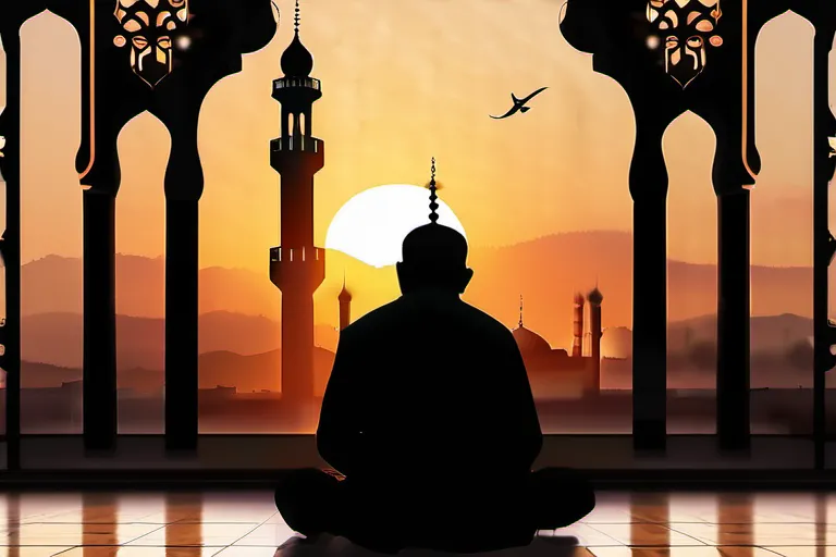 A serene mosque at sunset with a silhouette of the Prophet Muhammad (PBUH) standing in the foreground. - Sunnah in Islam