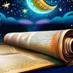 A vibrant illustration of an open Talmud scroll with a starry night sky in the background. - Talmud