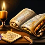 Create an image featuring an open Talmud scroll, surrounded by Jewish symbols such as the Star of David, a menorah, and a challah bread. - Talmud Judaism