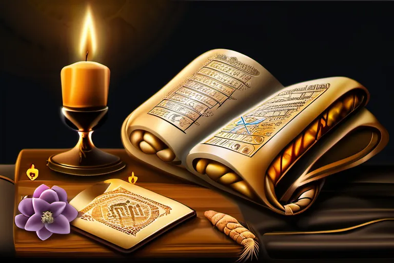 Create an image featuring an open Talmud scroll, surrounded by Jewish symbols such as the Star of David, a menorah, and a challah bread. - Talmud Judaism