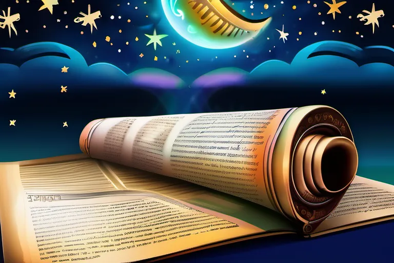 A vibrant illustration of an open Talmud scroll with a starry night sky in the background. - Talmud