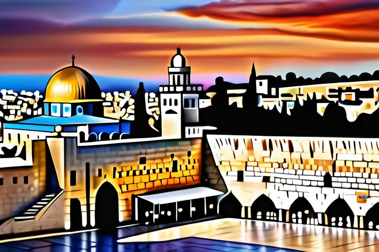 A captivating image of the Western Wall at sunset, with a vibrant Jerusalem skyline in the background. - Western Wall