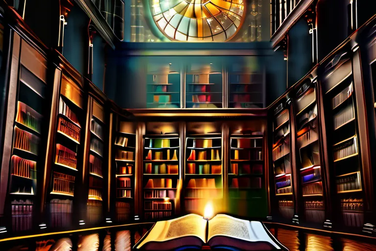 A mystical image featuring an ancient library with books on various spiritual philosophies, including one titled 'Theosophy'. - Theosophy