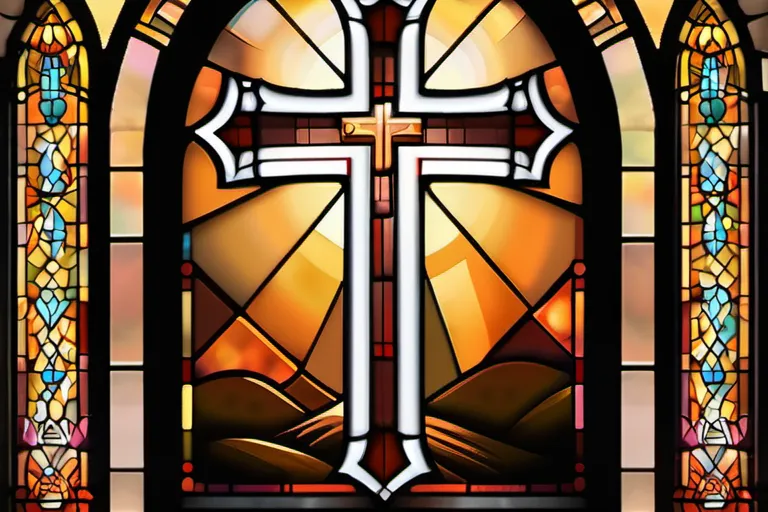 A stained-glass window depicting Christian symbols, with a focus on the cross and the Bible. - Christianity Unique Features