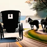 A peaceful Amish community scene with horse-drawn buggies and people in traditional clothing. - Amish Religion