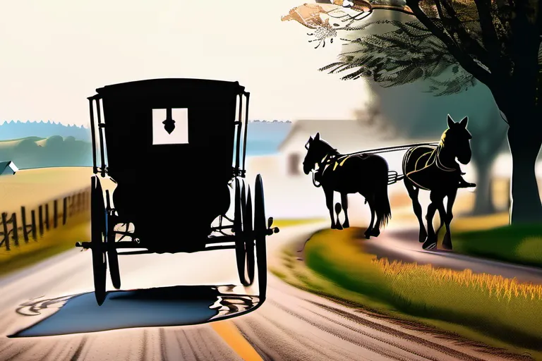 A peaceful Amish community scene with horse-drawn buggies and people in traditional clothing. - Amish Religion