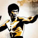 A dynamic image featuring a silhouette of Bruce Lee in action, with elements representing Eastern philosophies subtly integrated. - Bruce Lee Spirituality