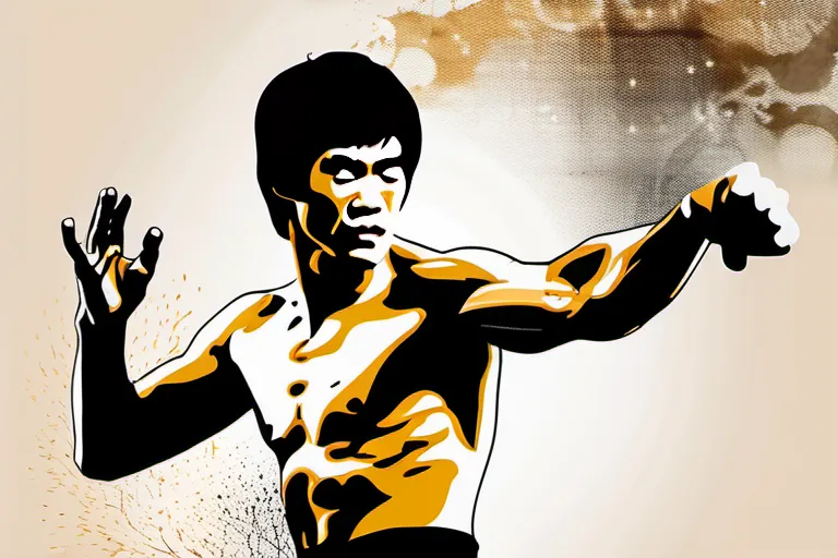 A dynamic image featuring a silhouette of Bruce Lee in action, with elements representing Eastern philosophies subtly integrated. - Bruce Lee Spirituality