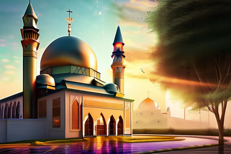 A vibrant image showcasing a mosque and a church side by side, symbolizing the fusion of Christianity and Islam in Chrislam - Chrislam