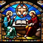 A stained-glass window depicting the Holy Trinity with a bible open to relevant verses. - Christian Doctrine