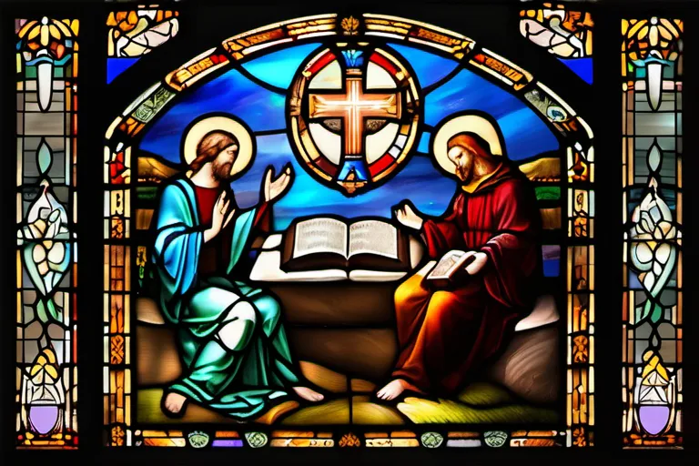 A stained-glass window depicting the Holy Trinity with a bible open to relevant verses. - Christian Doctrine