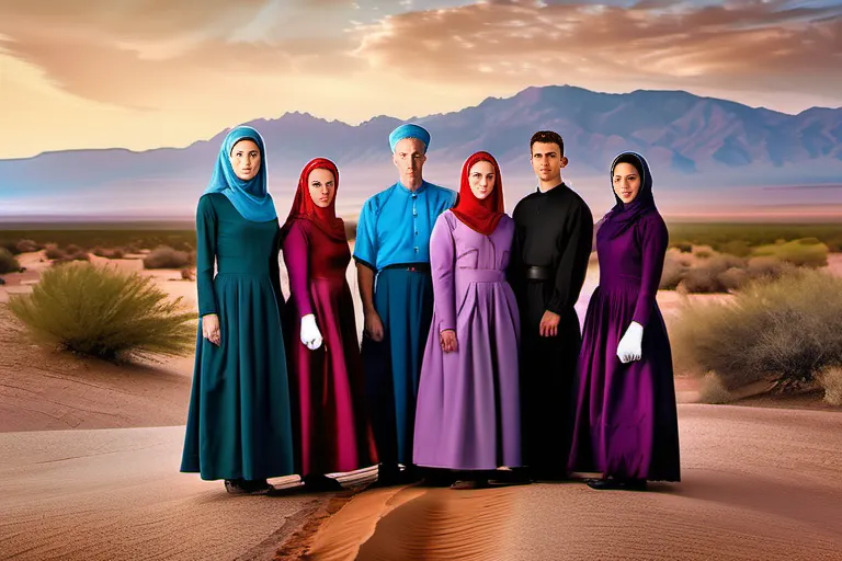 A striking image depicting a group of individuals dressed in traditional FLDS clothing, standing together against a backdrop of the desert landscape. - FLDS Mormon