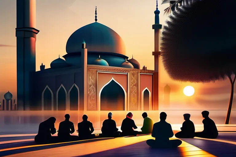 A serene mosque at sunset with a diverse group of people praying peacefully. - Islam, Misconceptions, Stereotypes