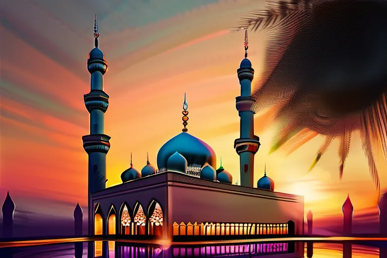 A vibrant mosque at sunset with minarets reaching towards the sky. - Muslims Unique World