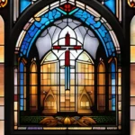 A stained-glass window depicting a Presbyterian church with symbols representing key aspects of the faith. - Presbyterianism unique