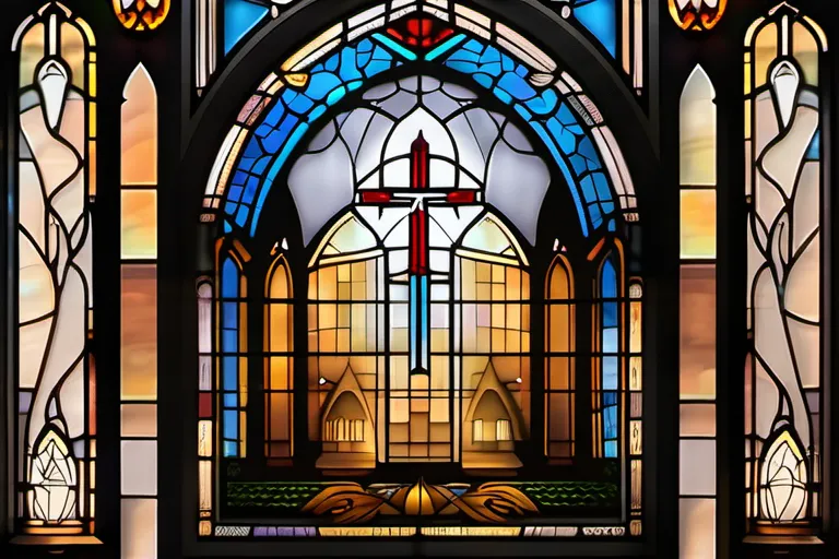 A stained-glass window depicting a Presbyterian church with symbols representing key aspects of the faith. - Presbyterianism unique