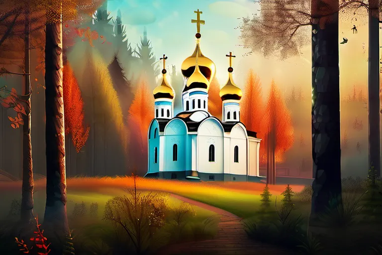 A vibrant, icon-filled Russian Orthodox church set against a backdrop of a mystical forest. - Russian Religion