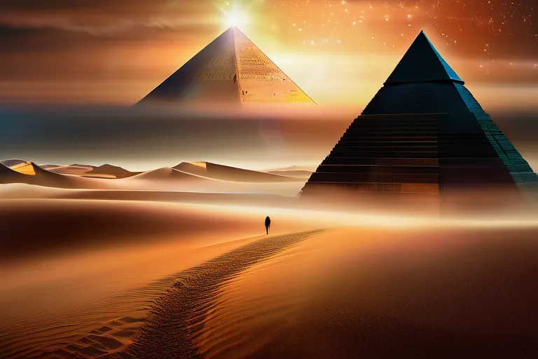 A mystical, otherworldly landscape with a pyramid in the distance, symbolizing the complex cosmology of Sethian. - Sethianism