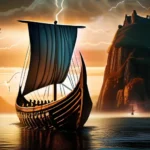 A dramatic image of a Viking longship sailing towards a mystical island, with runes etched into the cliffs and a glowing temple visible in the distance. - Viking Religion