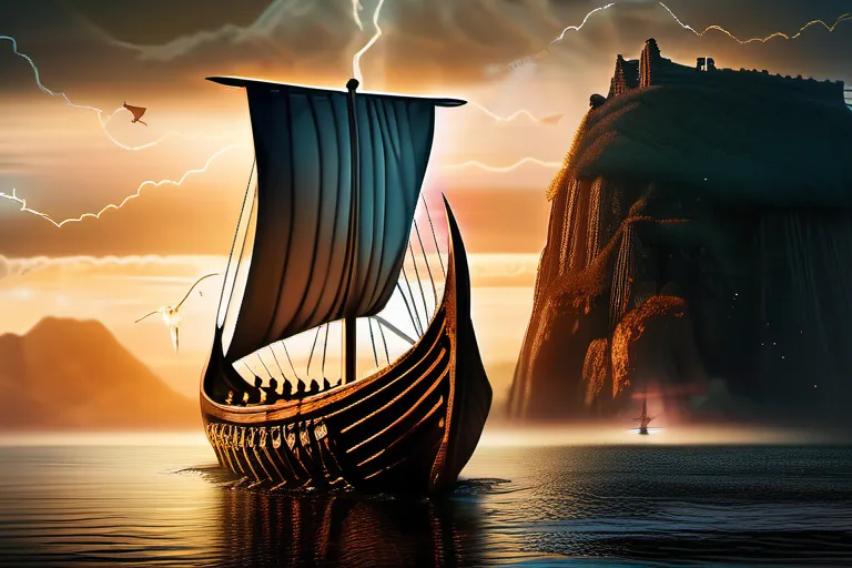 A dramatic image of a Viking longship sailing towards a mystical island, with runes etched into the cliffs and a glowing temple visible in the distance. - Viking Religion