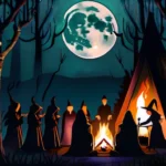 A hauntingly beautiful forest scene at night, with a full moon casting eerie shadows and a group of witches gathered around a bonfire. - Witches Sabbath