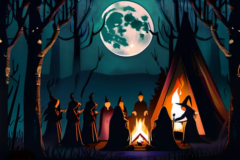 A hauntingly beautiful forest scene at night, with a full moon casting eerie shadows and a group of witches gathered around a bonfire. - Witches Sabbath