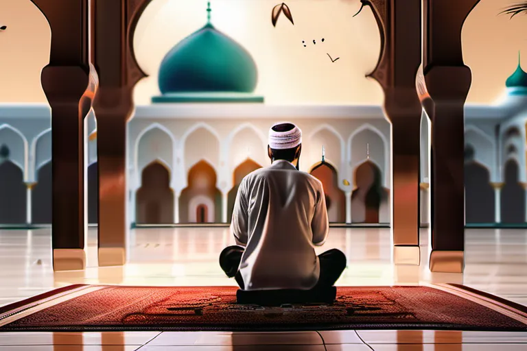 A serene image of a mosque with a person performing Wudu in the foreground. - Wudu Islam