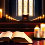 A solemn image of a synagogue on Yom Kippur with prayer books and candles. - Yom Kippur