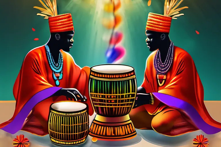 A vibrant image depicting a traditional Yoruba religious ceremony with colorful costumes, drums, and offerings. - Yoruba Religion