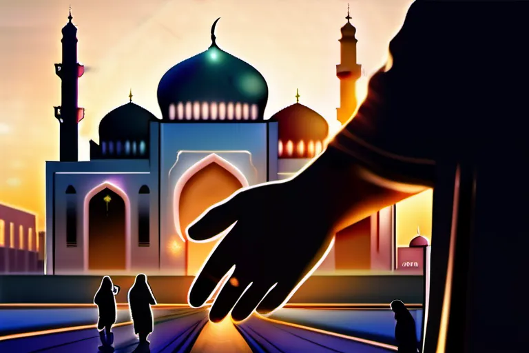 A beautiful image featuring a hand opening up towards a mosque or a community with people helping each other, symbolizing the spirit of zakat in Islam - Zakat, Islam, Pillar of Islam, Social Justice