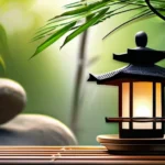 A serene image of a Zen garden with a stone lantern and bamboo plants, symbolizing tranquility and mindfulness. - Zen Buddhism