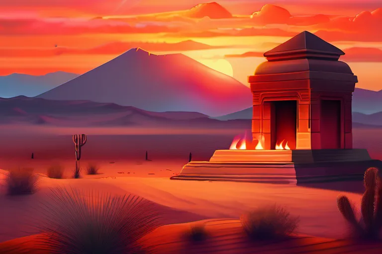 A vibrant sunset over a desert landscape with an ancient fire temple in the foreground - Zoroastrianism