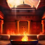 A vibrant image depicting a fire temple with intricate carvings, symbolizing the centrality of fire in Zoroastrian worship - Zoroastrianism