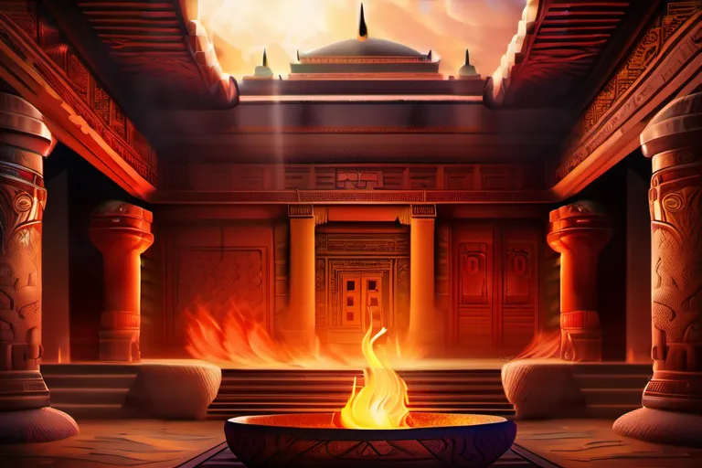 A vibrant image depicting a fire temple with intricate carvings, symbolizing the centrality of fire in Zoroastrian worship - Zoroastrianism