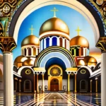 A beautiful, ornate Byzantine church with golden domes and intricate mosaics. - Byzantine Church