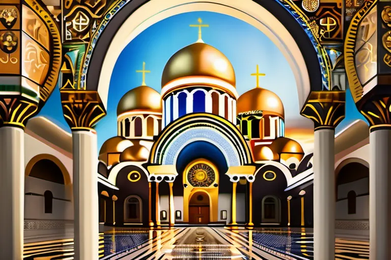 A beautiful, ornate Byzantine church with golden domes and intricate mosaics. - Byzantine Church