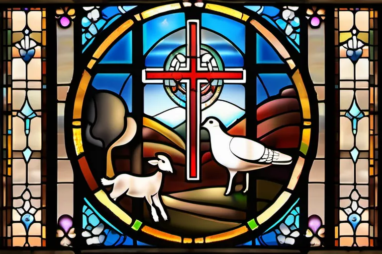 A stained-glass window depicting various Catholic symbols, such as a cross, a dove, and a lamb. - Catholicism, Religious Beliefs, Distinct Aspects