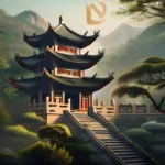 A serene image of a temple nestled in a lush Chinese landscape, with symbols of Taoism, Confucianism, and Buddhism subtly incorporated. - Chinese Beliefs